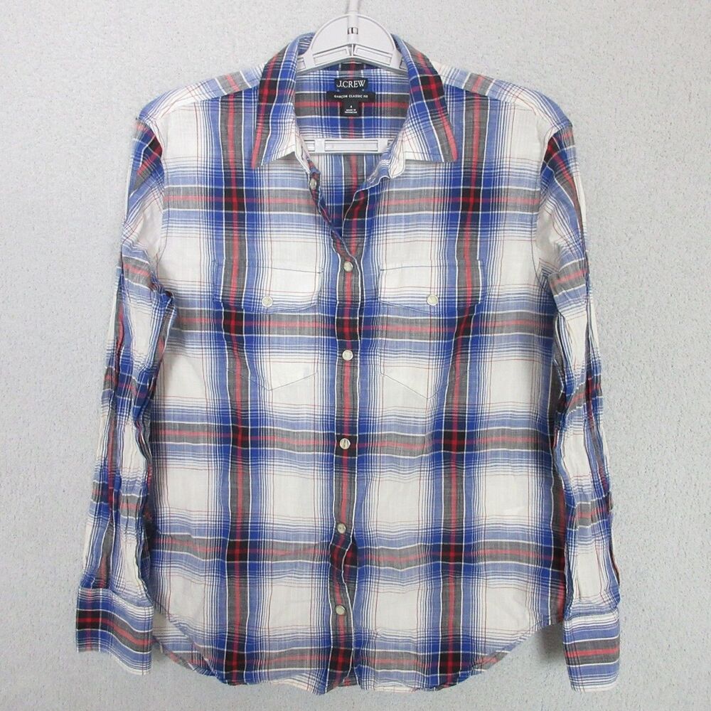 J. CREW Pearl Snap Shirt Women 4 Plaid Long Sleeve Garcon Fit Casual 100% Cotton